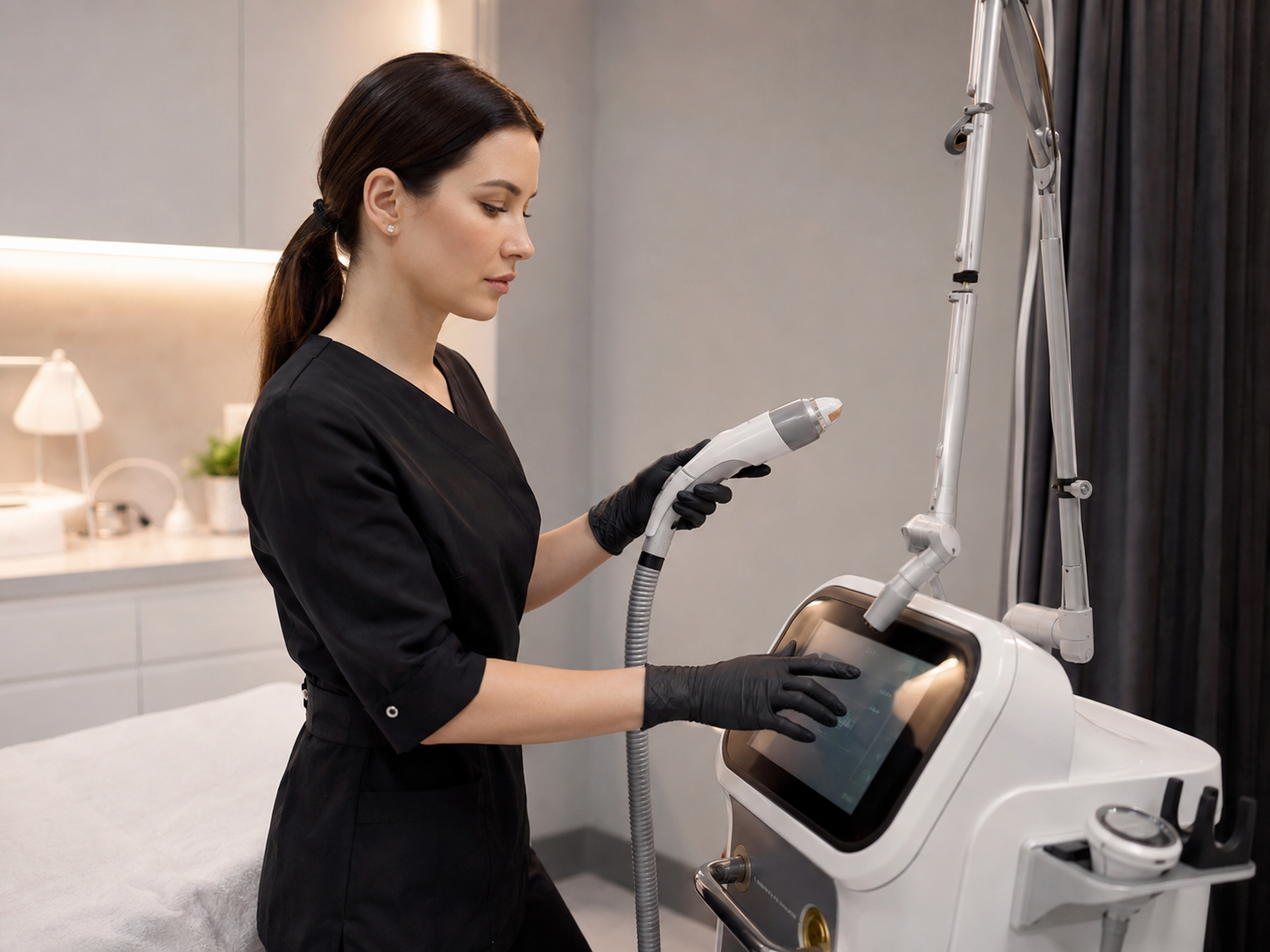 Cosmetologul configurează un aparat laser profesional pentru îndepărtarea pigmentării