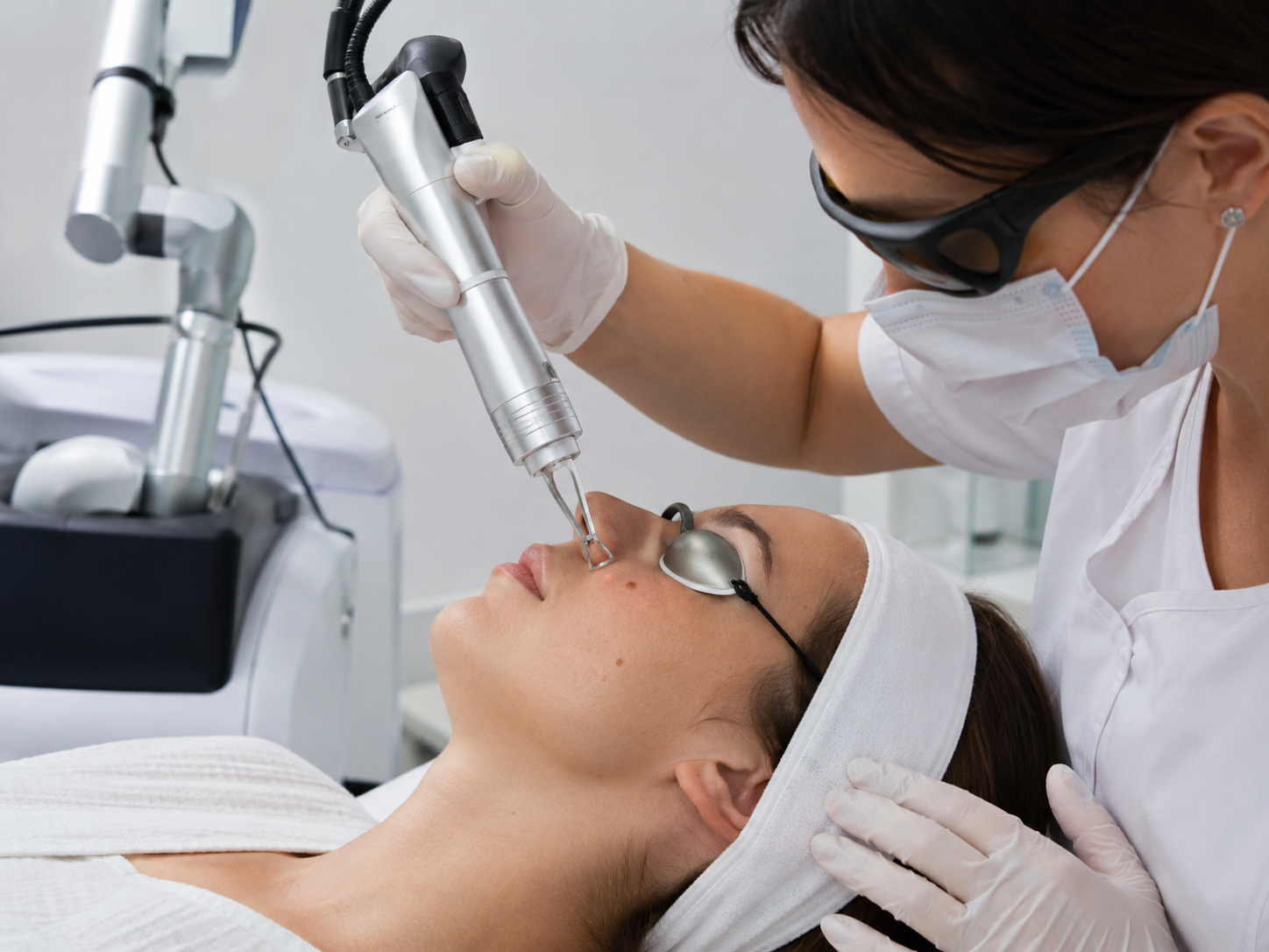 Cosmetologul efectuează îndepărtarea cu laser a unei pete pigmentare de pe fața clientei